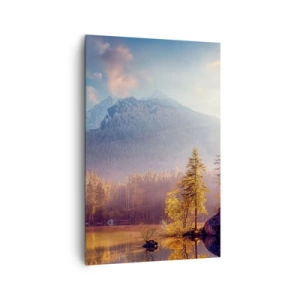 Impression sur toile - Image sur toile - Vue pittoresque de la forêt de montagne et du lac à l'aube - 80x120cm - Dans les montagnes et les vallées - Décoration murale moderne pour le salon et la chambre ARTTOR