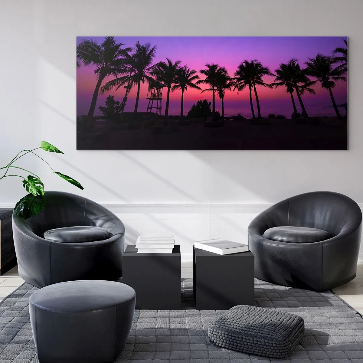Impression sur verre - Image sur verre - Silhouettes de palmiers sur un ciel de coucher de soleil rose-violet - 160x50cm - Soirée sous les palmiers - Décoration murale moderne pour le salon et la chambre ARTTOR