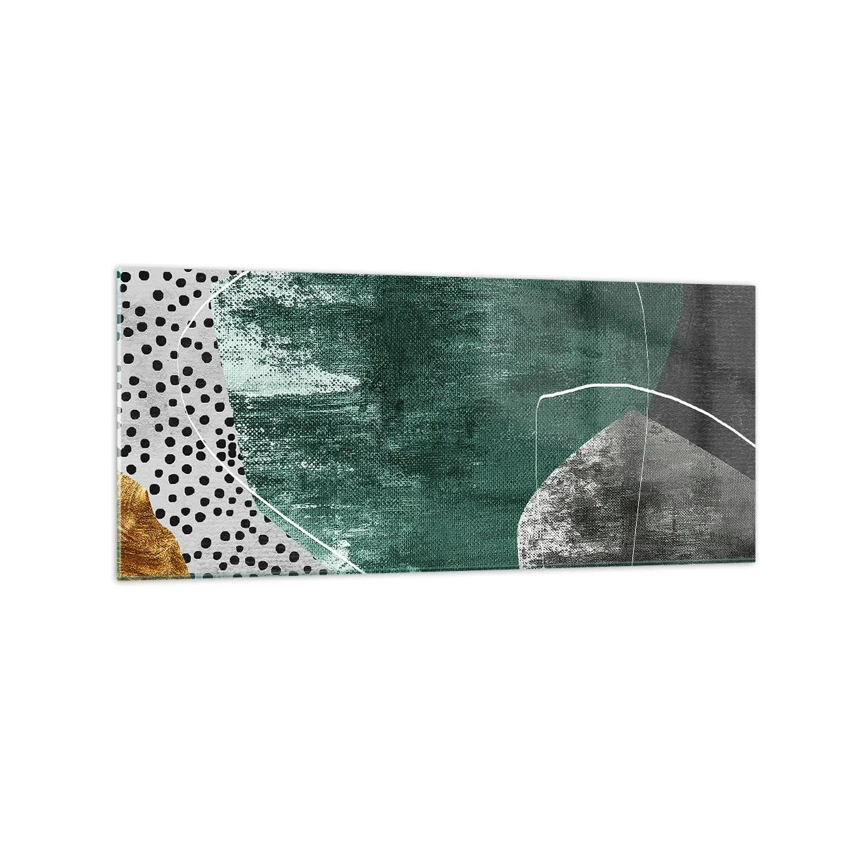 Impression sur verre - Image sur verre - Composition abstraite avec des formes vertes et des motifs à pois - 120x50cm - Abstraction colorée avec feuille d'or - Décoration murale moderne pour le salon et la chambre ARTTOR