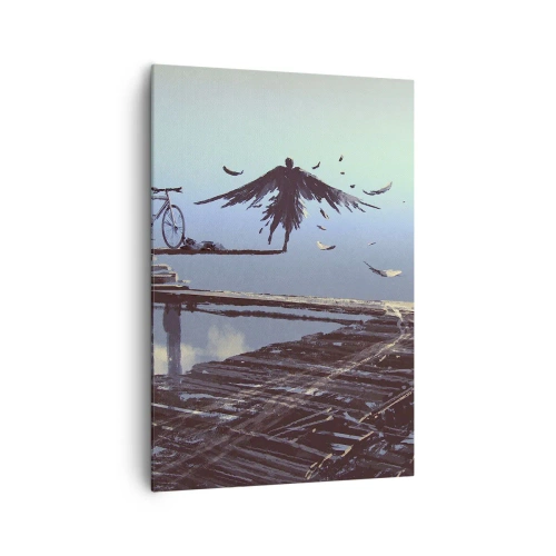 Impression sur toile - Image sur toile - Une silhouette avec des plumes plane au-dessus d'un pont en bois à côté d'un vélo. - 70x100cm - Icare est toujours vivant - Décoration murale moderne pour le salon et la chambre ARTTOR