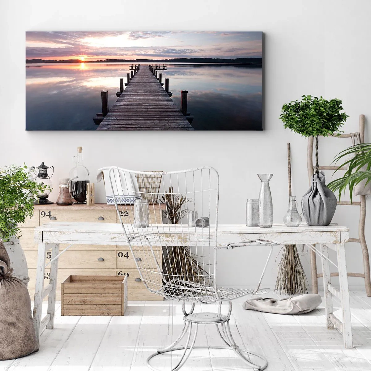 Impression sur toile - Image sur toile - Une jetée sur un lac au coucher du soleil dans un paysage paisible - 120x50cm - Une frontière tranquille entre le jour et la nuit - Décoration murale moderne pour le salon et la chambre ARTTOR