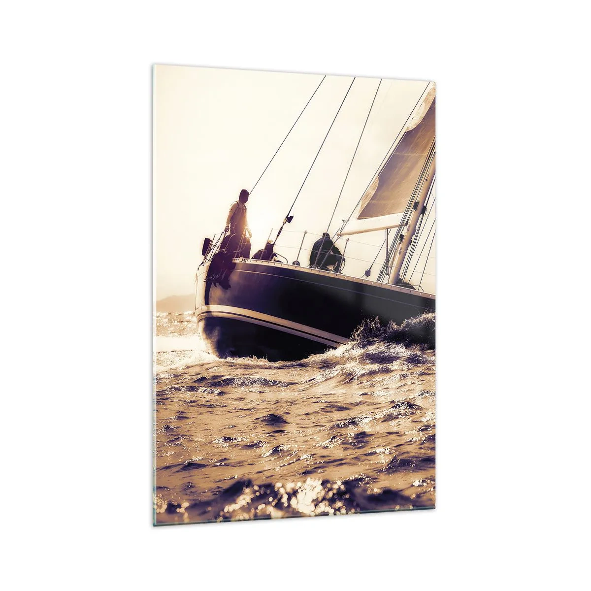 Impression sur verre - Image sur verre - Un yacht sur une mer agitée à la lumière du soleil couchant - 70x100cm - Navigue, marin - Décoration murale moderne pour le salon et la chambre ARTTOR
