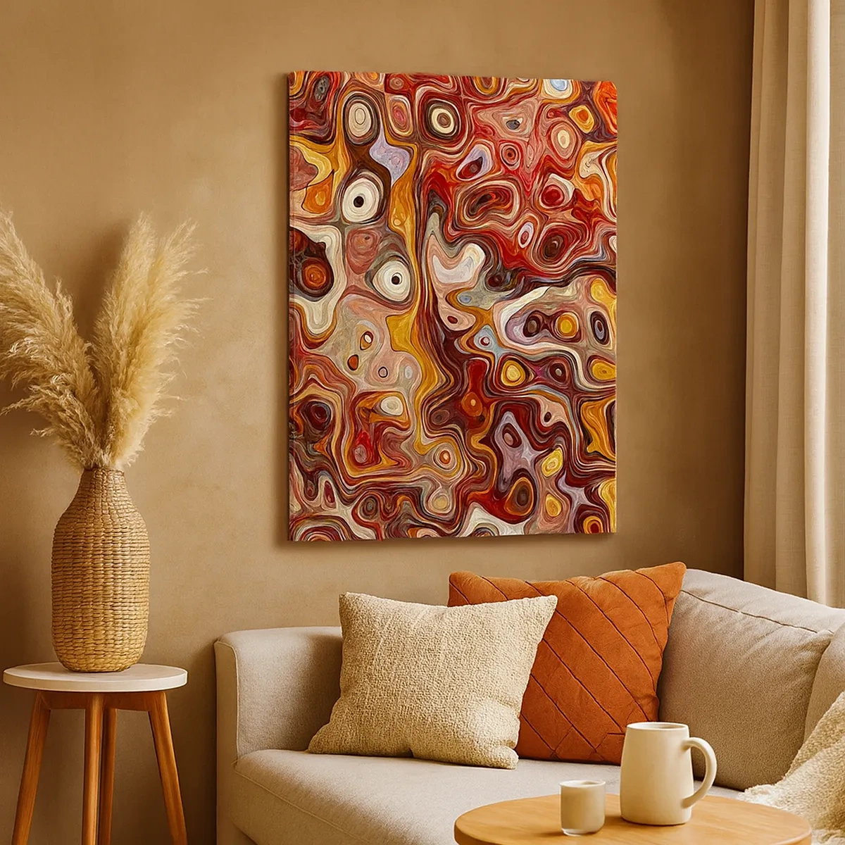 Impression sur toile - Image sur toile - Une composition abstraite dans des tons chauds de rouge, d'orange et de jaune. - 50x70cm - Si les noix fondaient dans du miel - Décoration murale moderne pour le salon et la chambre ARTTOR