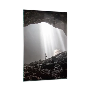 Impression sur verre - Image sur verre - Une figure dans une grotte éclairée par des rayons de lumière - 80x120cm - Grotte lumineuse - Décoration murale moderne pour le salon et la chambre ARTTOR