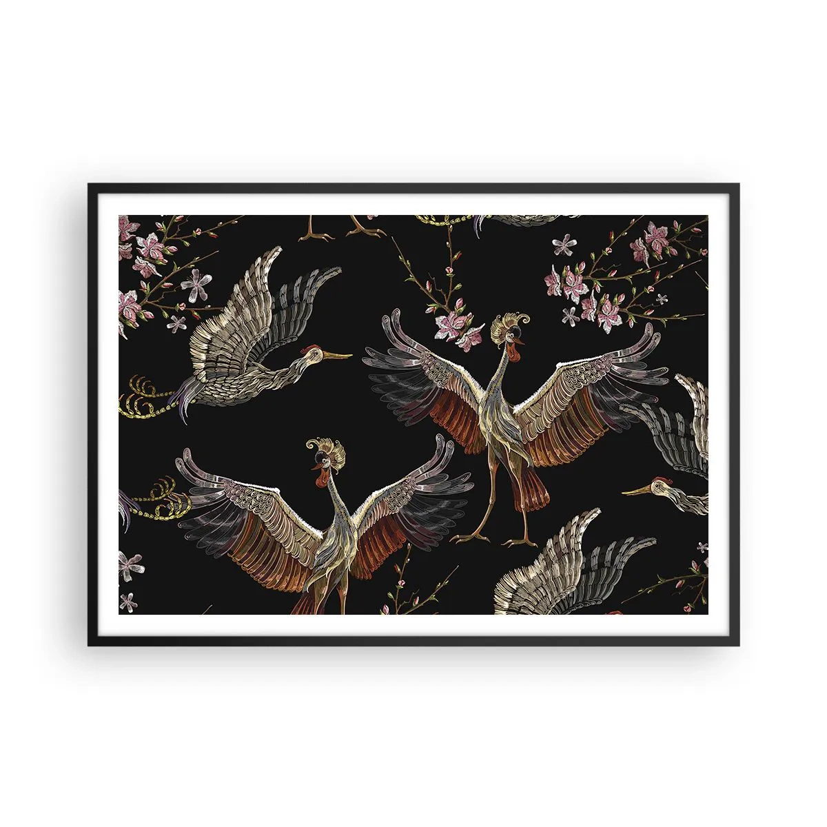 Affiche dans un cadre noir - Poster - Grues et fleurs élégantes sur fond noir - 100x70cm - Un oiseau de conte de fées - Décoration murale moderne pour le salon et la chambre ARTTOR