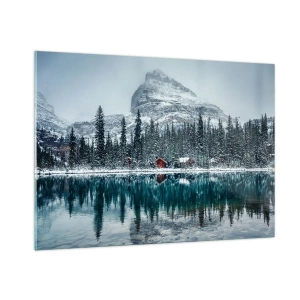 Impression sur verre - Image sur verre - Paysage d'hiver avec montagnes, forêt et chalets au bord du lac - 100x70cm - Retraite canadienne - Décoration murale moderne pour le salon et la chambre ARTTOR