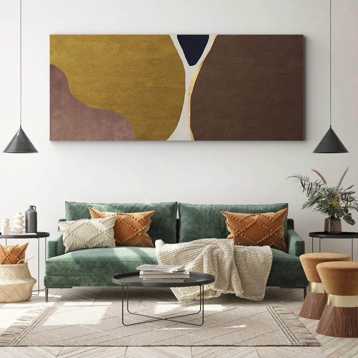Impression sur toile - Image sur toile - Une composition abstraite avec des formes géométriques aux couleurs chaudes. - 140x50cm - L'abstraction – une place dans l'espace - Décoration murale moderne pour le salon et la chambre ARTTOR