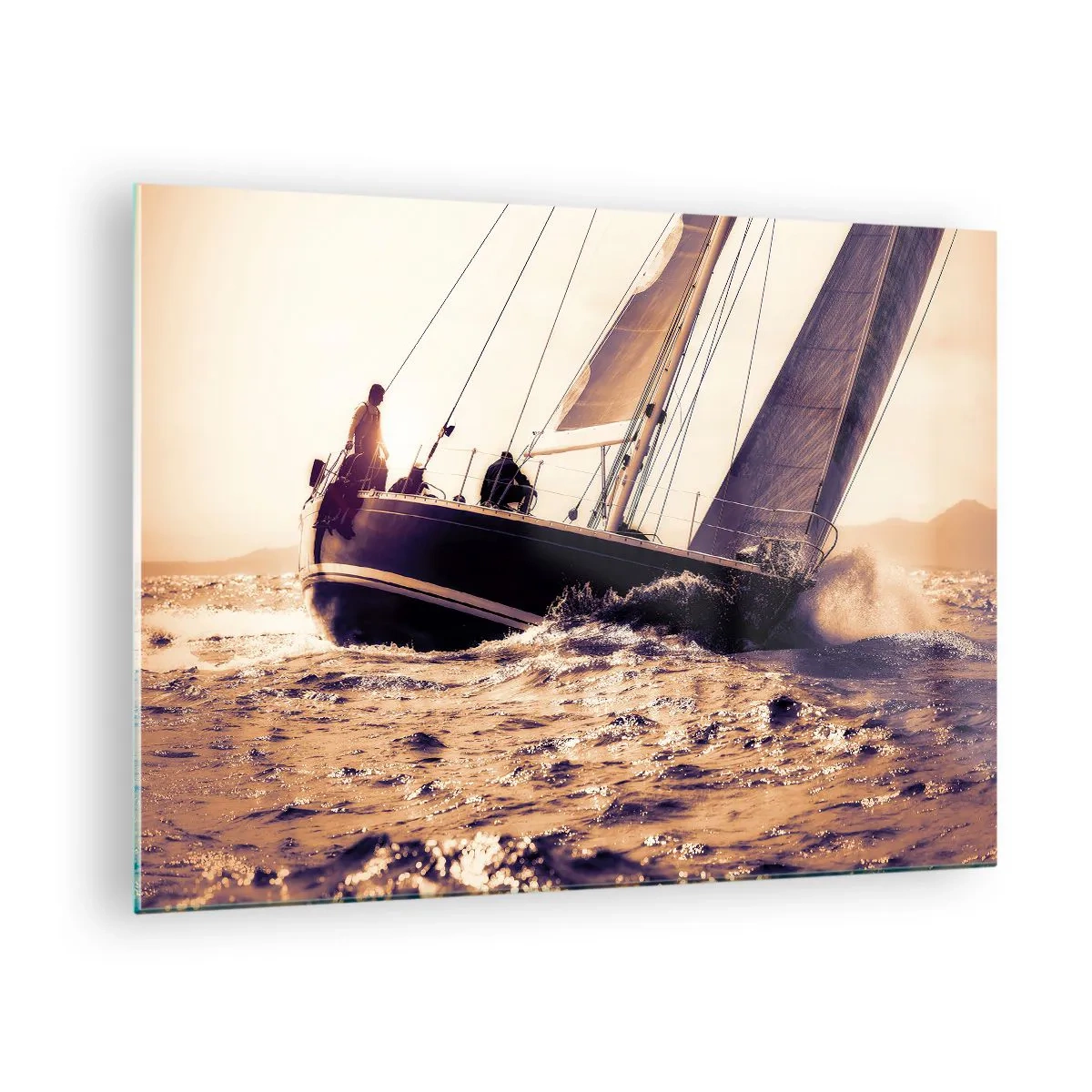 Impression sur verre - Image sur verre - Un voilier sur une mer agitée aux tons chauds - 70x50cm - Navigue, marin - Décoration murale moderne pour le salon et la chambre ARTTOR