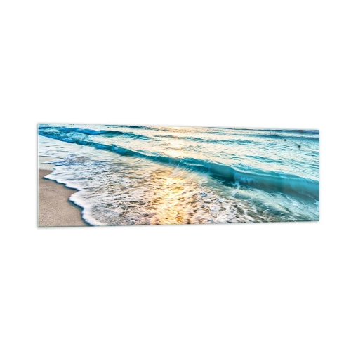 Impression sur verre - Image sur verre - Lever de soleil sur une plage tranquille avec des vagues - 160x50cm - Une vue qui en vaut la peine - Décoration murale moderne pour le salon et la chambre ARTTOR