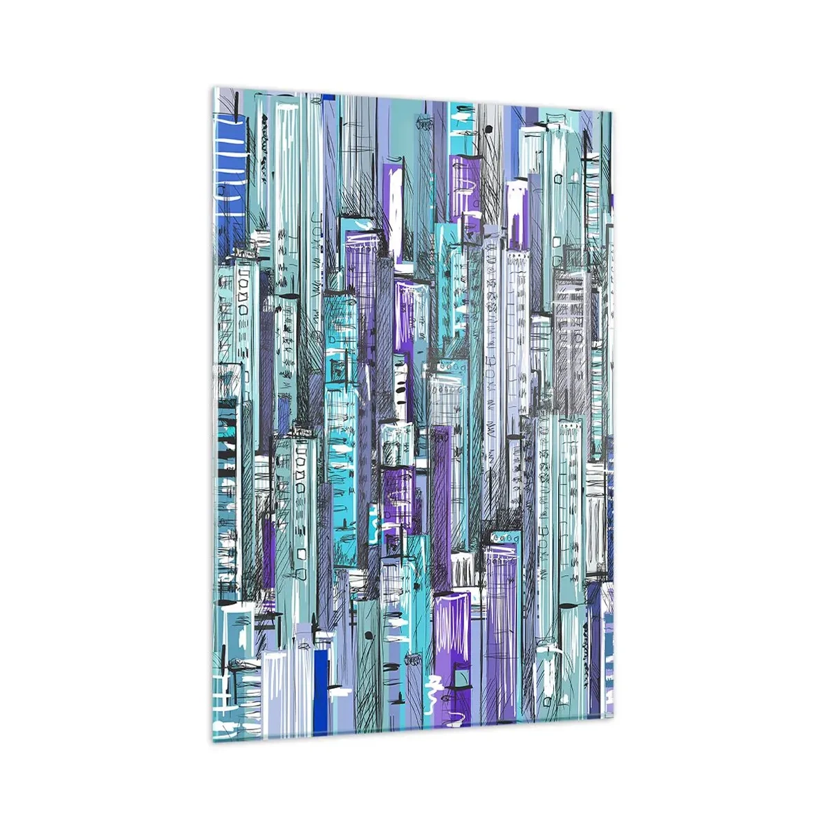 Impression sur verre - Image sur verre - Illustration d'une ville avec des bâtiments géométriques dans des tons de bleu et de violet. - 80x120cm - Bleuâtre avec le ciel - Décoration murale moderne pour le salon et la chambre ARTTOR