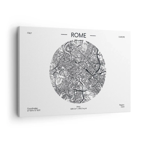 Impression sur toile - Image sur toile - Une carte de Rome dans un style minimaliste, noir et blanc - 70x50cm - Anatomie de Rome - Décoration murale moderne pour le salon et la chambre ARTTOR