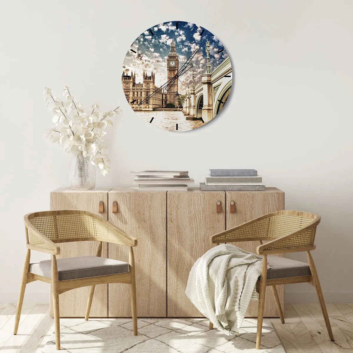 Horloge murale - Pendule murale - Big Ben et le pont de la Tamise à Londres par une journée ensoleillée - 30x30cm - Nuages