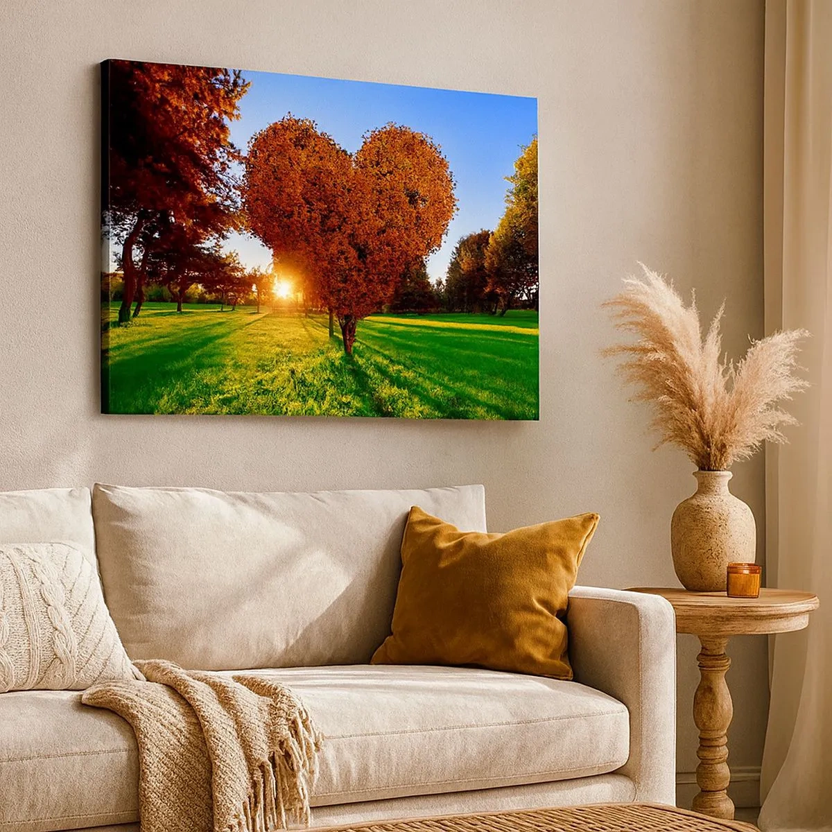 Impression sur toile - Image sur toile - Un arbre en forme de cœur dans un paysage d'automne - 70x50cm - Et comment ne pas aimer tomber - Décoration murale moderne pour le salon et la chambre ARTTOR