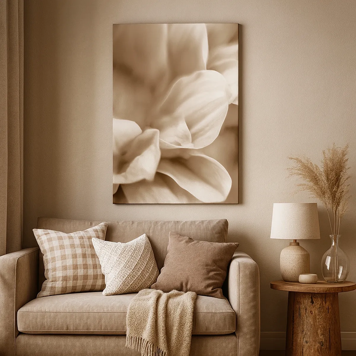 Impression sur toile - Image sur toile - Gros plan de fleurs dans un ton sépia délicat avec des contours doux - 50x70cm - Doux comme un sourire - Décoration murale moderne pour le salon et la chambre ARTTOR