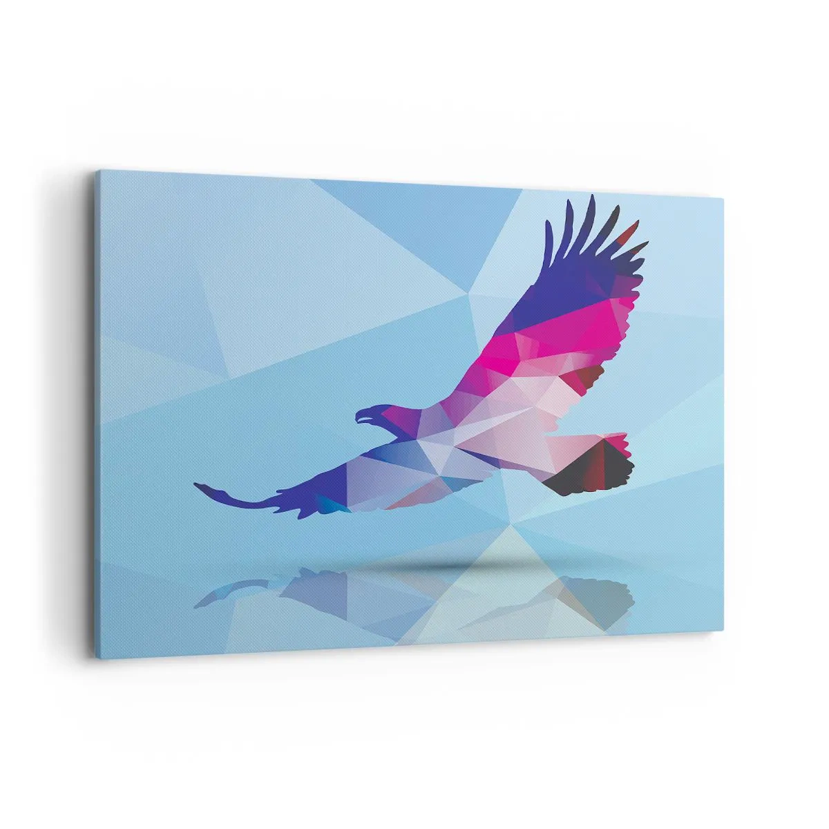 Impression sur toile - Image sur toile - Silhouette géométrique d'un aigle en vol sur fond bleu - 100x70cm - Aigle en cristal lilas - Décoration murale moderne pour le salon et la chambre ARTTOR