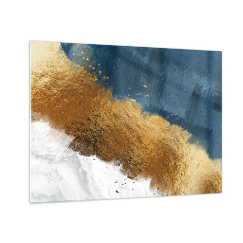 Impression sur verre - Image sur verre - Coups de peinture dorés sur fond bleu marine et blanc - 70x50cm - Les couleurs de l’été - Décoration murale moderne pour le salon et la chambre ARTTOR