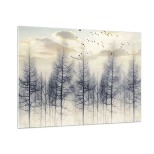 Impression sur verre - Image sur verre - Une forêt brumeuse avec des oiseaux, illuminée par le soleil levant - 100x70cm - L'âme de la forêt - Décoration murale moderne pour le salon et la chambre ARTTOR