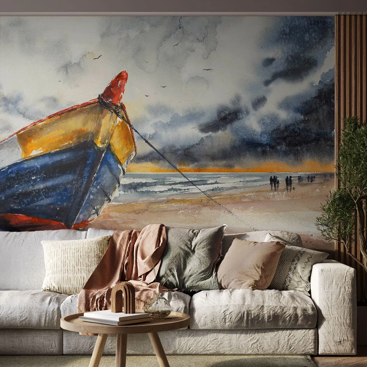 Papier Peint Photo Premium Sand - Un bateau pittoresque sur la plage sous un ciel orageux au coucher du soleil - 100x70cm - Repos sur le rivage - Décoration murale moderne pour le salon et la chambre ARTTOR