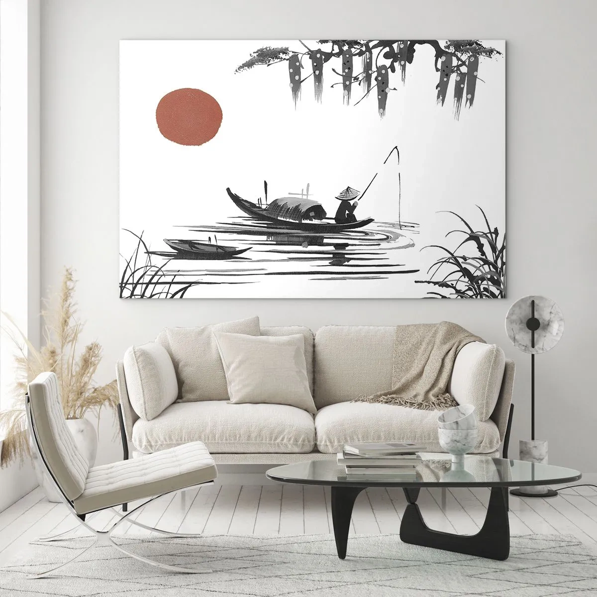 Impression sur verre - Image sur verre - Bateau de pêche traditionnel sur une rivière avec un soleil rouge - 120x80cm - Après-midi asiatique - Décoration murale moderne pour le salon et la chambre ARTTOR