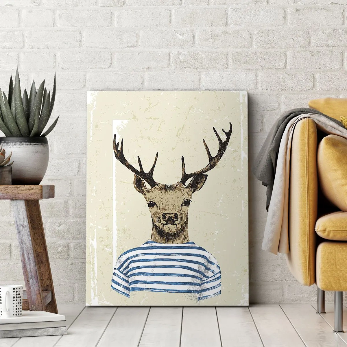 Impression sur toile - Image sur toile - Un cerf en chemise rayée sur un fond clair avec une texture délicate - 50x70cm - Parce que j'aime les chemises rayées - Décoration murale moderne pour le salon et la chambre ARTTOR