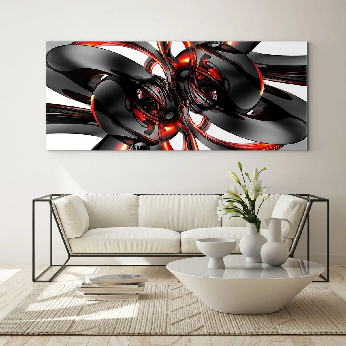 Impression sur verre - Image sur verre - Mouvement de graphite et rouge - 90x30 cm