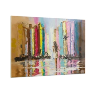 Impression sur verre - Image sur verre - Une femme avec un oiseau en arrière-plan de bâtiments colorés - 100x70cm - Viens avec moi - Décoration murale moderne pour le salon et la chambre ARTTOR