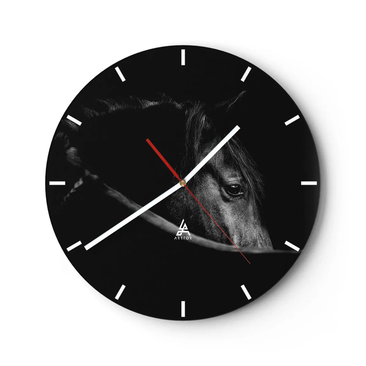 Horloge murale - Pendule murale - Portrait d'un cheval noir sur un fond sombre et profond - 30x30cm - Prince Noir - Décoration murale moderne pour le salon, la cuisine et la chambre ARTTOR