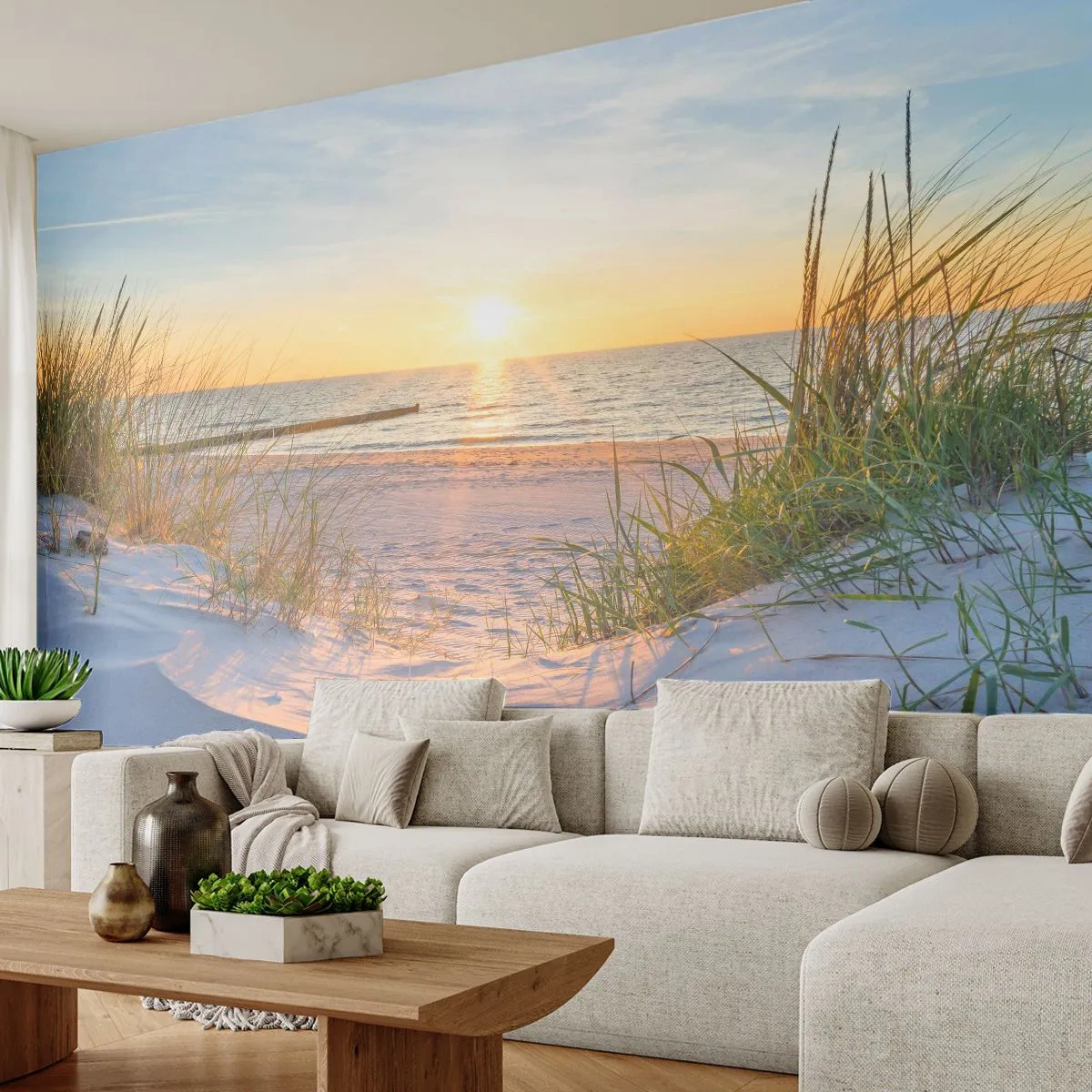 Papier Peint Autocollant Deluxe Sticker - Le bruit de la mer, le chant des oiseaux, une plage sauvage parmi les herbes… - Paysage, Mer, Dunes - 250x175 cm