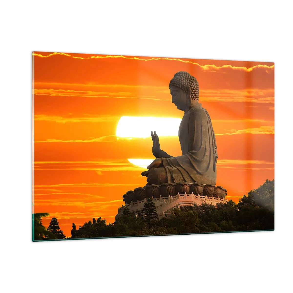 Impression sur verre - Image sur verre - Statue de Bouddha sur fond de soleil couchant - 120x80cm - Aucune peur du monde - Décoration murale moderne pour le salon et la chambre ARTTOR