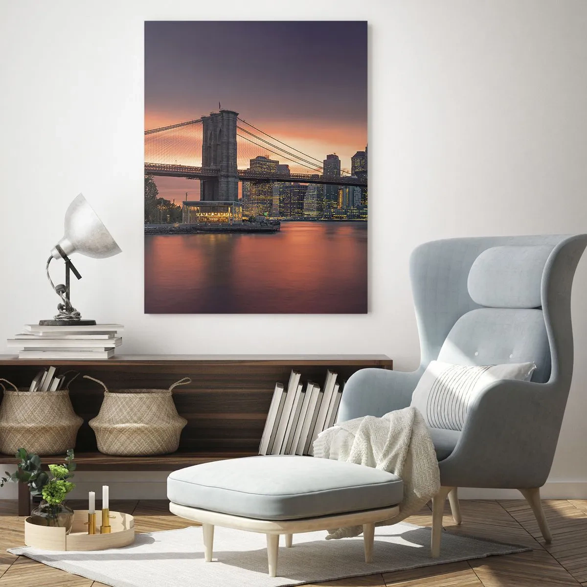Impression sur verre - Image sur verre - Panorama nocturne de la ville avec un pont et un ciel illuminé - 80x120cm - Immergé dans le silence lilas - Décoration murale moderne pour le salon et la chambre ARTTOR
