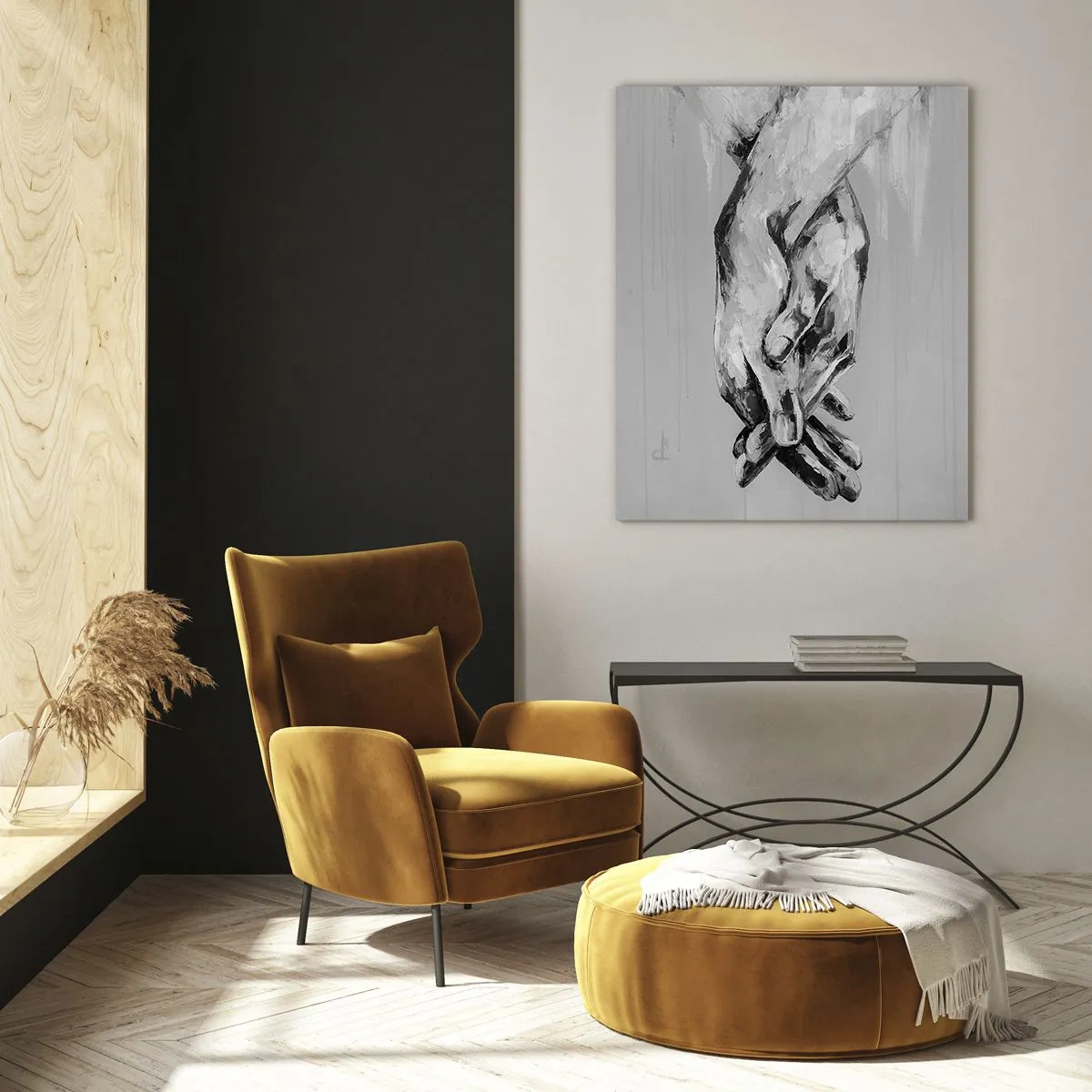 Impression sur verre - Image sur verre - Une composition en noir et blanc de deux mains jointes sur un fond clair. - 80x120cm - Début... - Décoration murale moderne pour le salon et la chambre ARTTOR