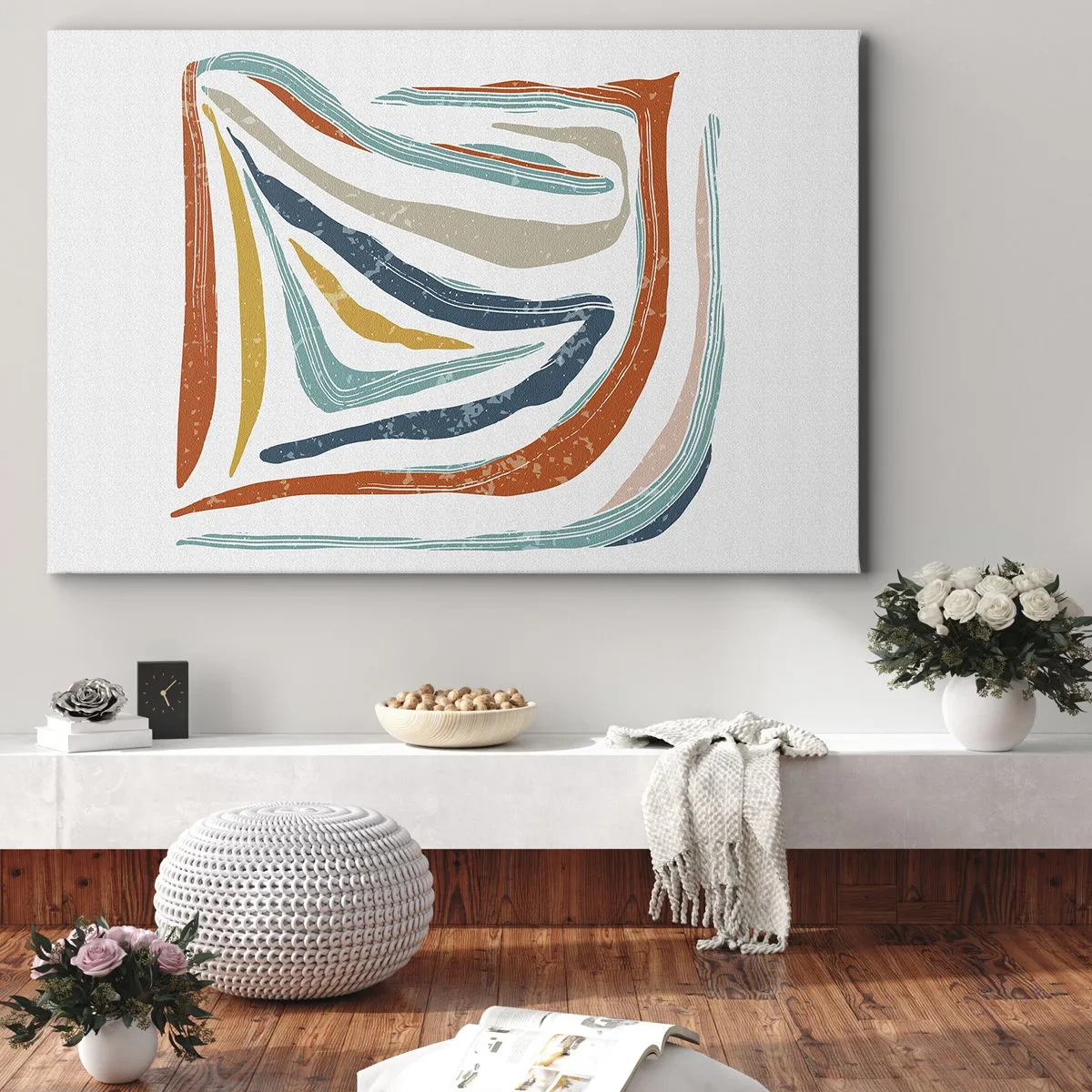 Impression sur toile - Image sur toile - Lignes colorées et dynamiques dans les tons de bleu, orange et beige - 120x80cm - Abstraction avec un sourire amical - Décoration murale moderne pour le salon et la chambre ARTTOR