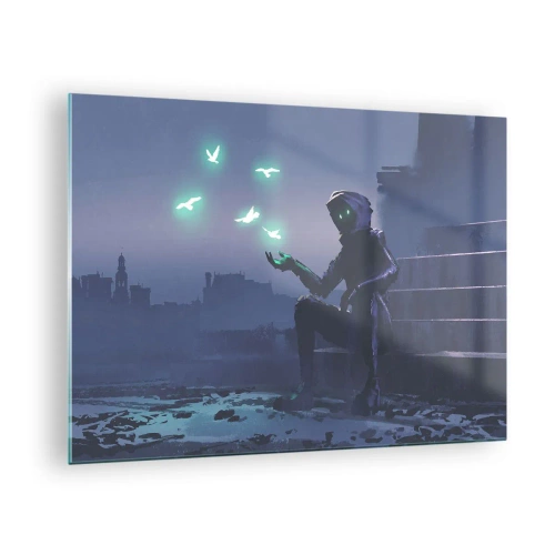 Impression sur verre - Image sur verre - Une silhouette dans le noir entourée d'oiseaux verts flottants - 70x50cm - La vie reviendra - Décoration murale moderne pour le salon et la chambre ARTTOR