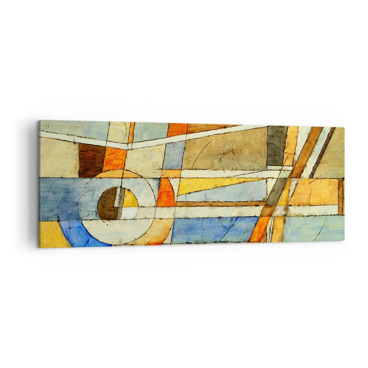 Impression sur toile - Image sur toile - Abstraction géométrique dans les tons beige, bleu et orange - 140x50cm - Cubisme sur le chantier - Décoration murale moderne pour le salon et la chambre ARTTOR