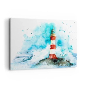 Impression sur toile - Image sur toile - Un phare dans un décor aquarelle sur fond bleu - 100x70cm - Unité des éléments - Décoration murale moderne pour le salon et la chambre ARTTOR