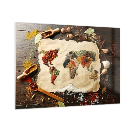 Impression sur verre - Image sur verre - Une carte du monde composée de diverses épices sur un fond rustique. - 100x70cm - Toutes les saveurs du monde - Décoration murale moderne pour le salon et la chambre ARTTOR