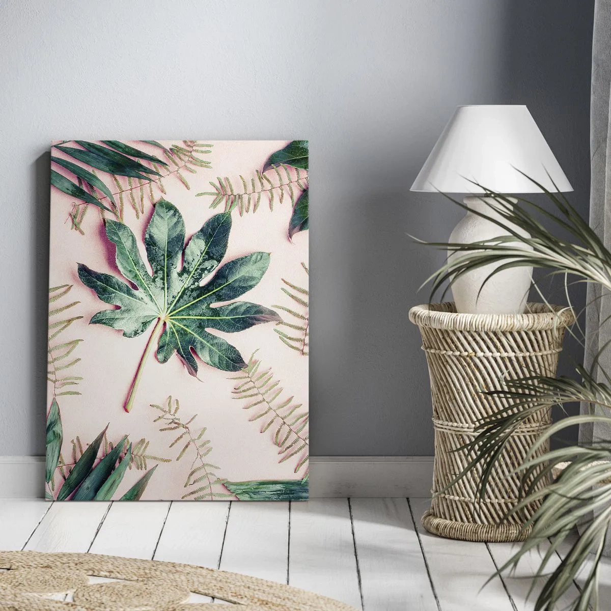 Impression sur toile - Image sur toile - Feuilles tropicales sur fond pastel clair - 70x100cm - Étude de verdure sur fond rose - Décoration murale moderne pour le salon et la chambre ARTTOR