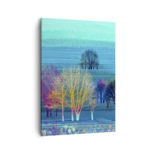 Impression sur toile - Image sur toile - Arbres colorés sur un paysage bleu et minimaliste - 50x70cm - Un paysage soigné - Décoration murale moderne pour le salon et la chambre ARTTOR
