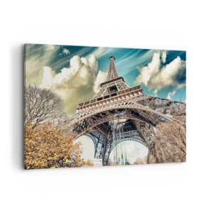 Impression sur toile - Image sur toile - La Tour Eiffel vue d'en bas dans un décor automnal - 100x70cm - Et en automne à Paris... - Décoration murale moderne pour le salon et la chambre ARTTOR