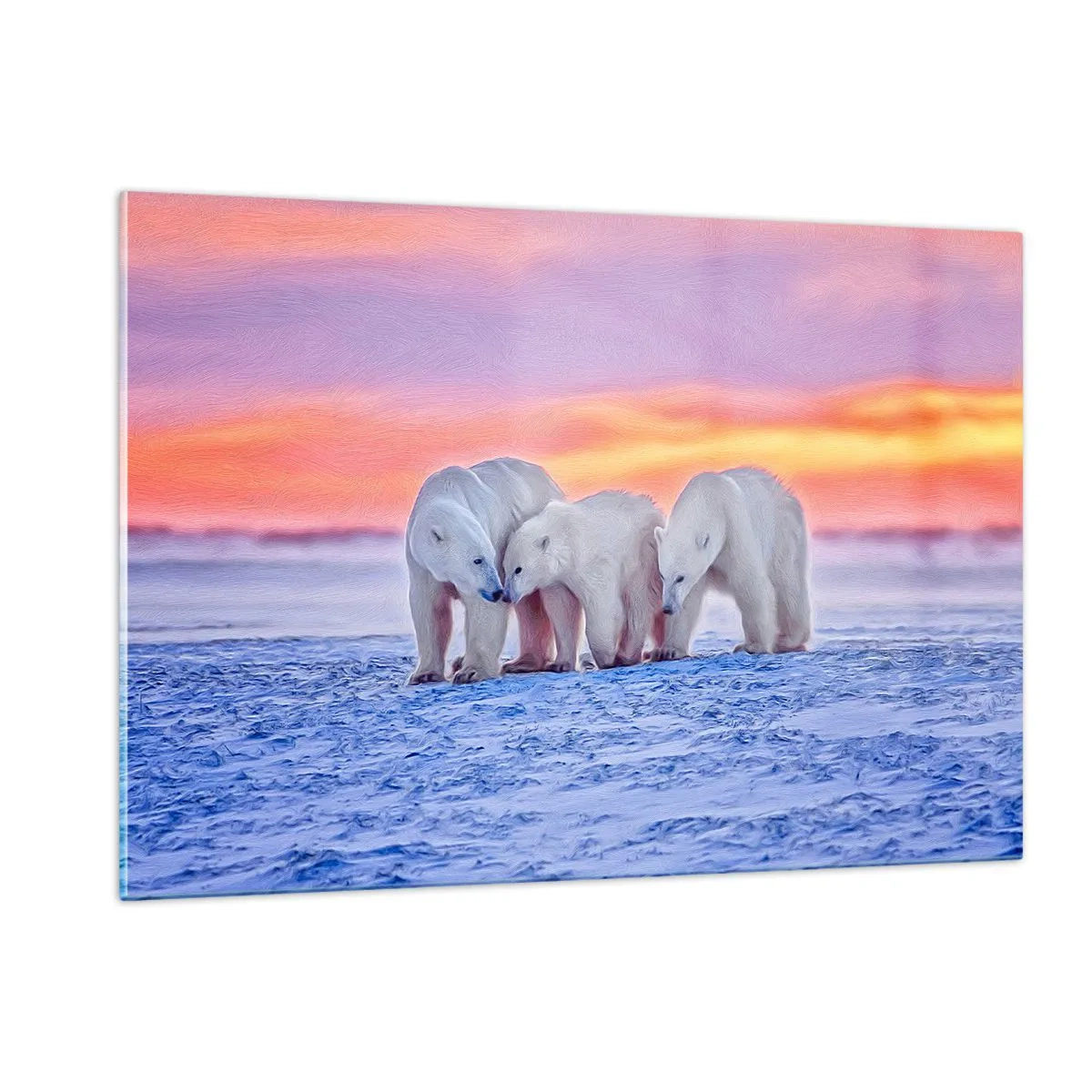 Impression sur verre - Image sur verre - Trois ours polaires sur un fond enneigé au coucher du soleil - 120x80cm - La chaleur familiale suffit - Décoration murale moderne pour le salon et la chambre ARTTOR