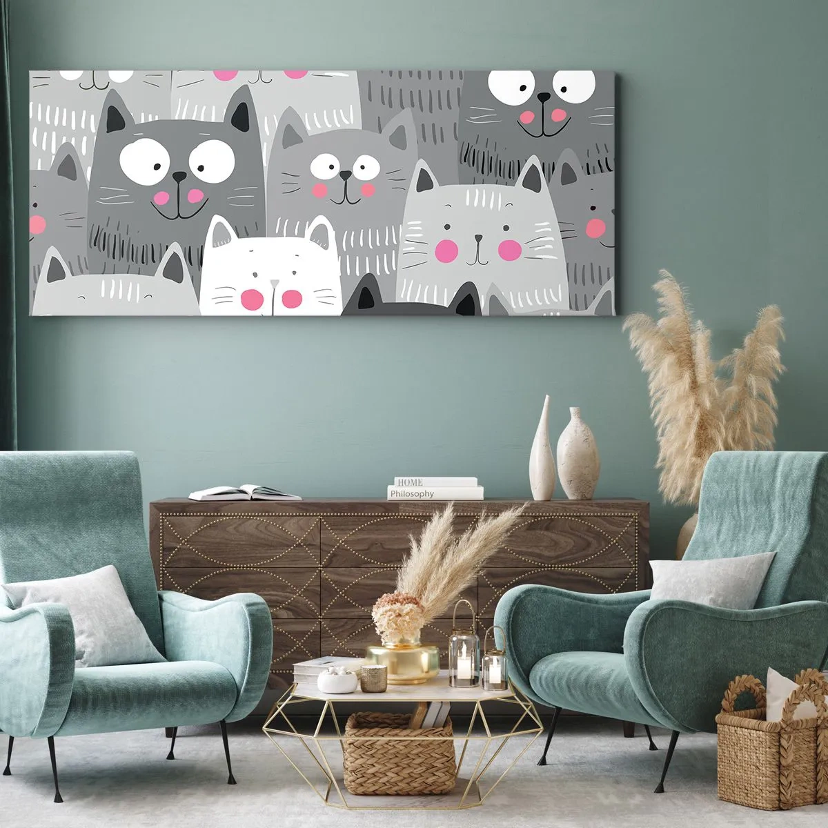 Impression sur toile - Image sur toile - Un motif amusant avec des chats dans des tons de gris - 140x50cm - Le monde des chats - Décoration murale moderne pour le salon et la chambre ARTTOR