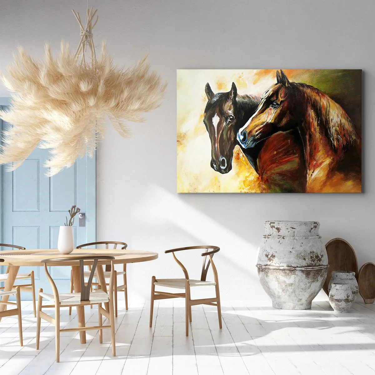 Impression sur toile - Image sur toile - Une paire de chevaux dans une composition picturale - 70x50cm - Deux fois plus gracieux - Décoration murale moderne pour le salon et la chambre ARTTOR