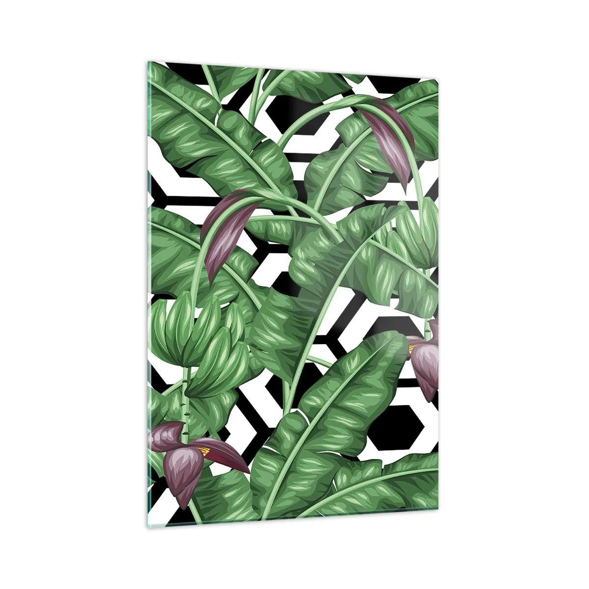 Impression sur verre - Image sur verre - Feuilles et fleurs tropicales sur un fond à motifs géométriques noir et blanc - 50x70cm - Une composition symétrique par nature - Décoration murale moderne pour le salon et la chambre ARTTOR
