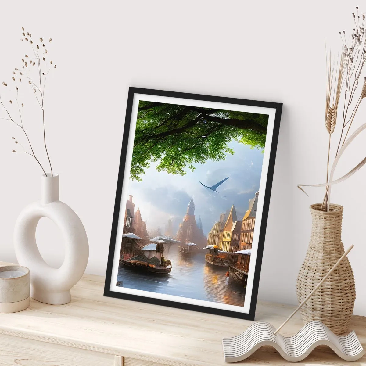 Affiche dans un cadre noir - Poster - Vue pittoresque du canal avec une architecture historique - 50x70cm - Paysage urbain néerlandais - Décoration murale moderne pour le salon et la chambre ARTTOR