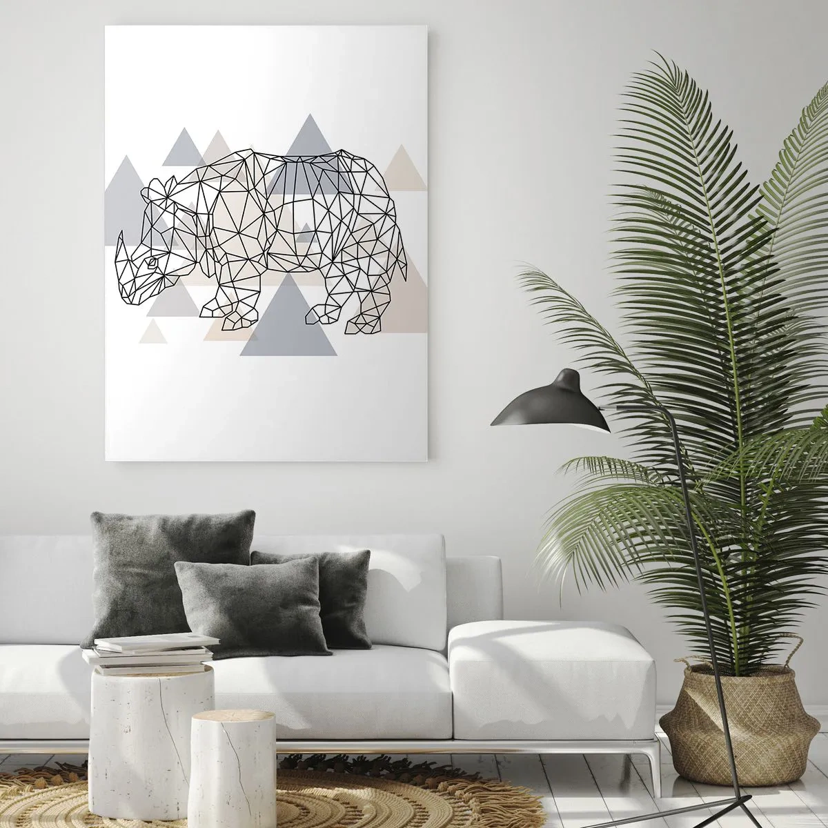 Impression sur verre - Image sur verre - Rhinocéros géométrique sur fond de triangles délicats - 70x100cm - Structure de force - Décoration murale moderne pour le salon et la chambre ARTTOR