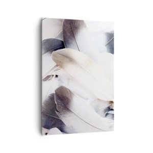 Impression sur toile - Image sur toile - Gros plan de plumes délicates dans des tons de blanc et de gris - 70x100cm - Presque angélique - Décoration murale moderne pour le salon et la chambre ARTTOR