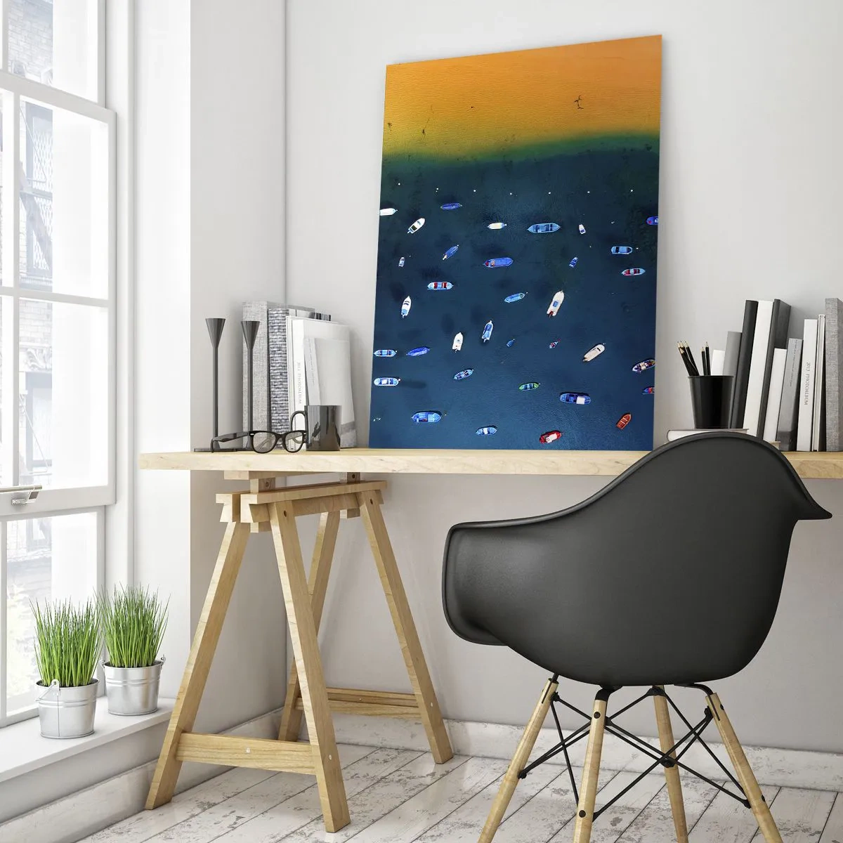 Impression sur verre - Image sur verre - Des bateaux sur fond d'eau turquoise et de rivage doré - 50x70cm - Jeu de vacances - Décoration murale moderne pour le salon et la chambre ARTTOR