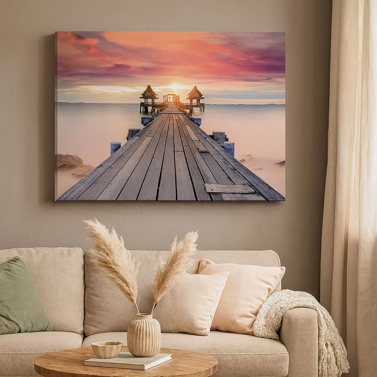 Impression sur toile - Image sur toile - Jetée en bois menant aux belvédères au coucher du soleil - 70x50cm - L'Ouest à l'Est - Décoration murale moderne pour le salon et la chambre ARTTOR