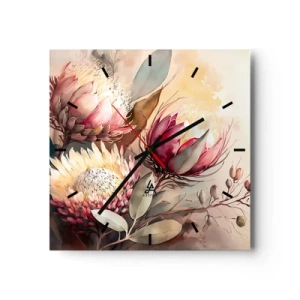 Horloge murale - Pendule murale - Fleurs de Protea aux tons pastel délicats - 30x30cm - De profil et de face - Décoration murale moderne pour le salon et la chambre ARTTOR