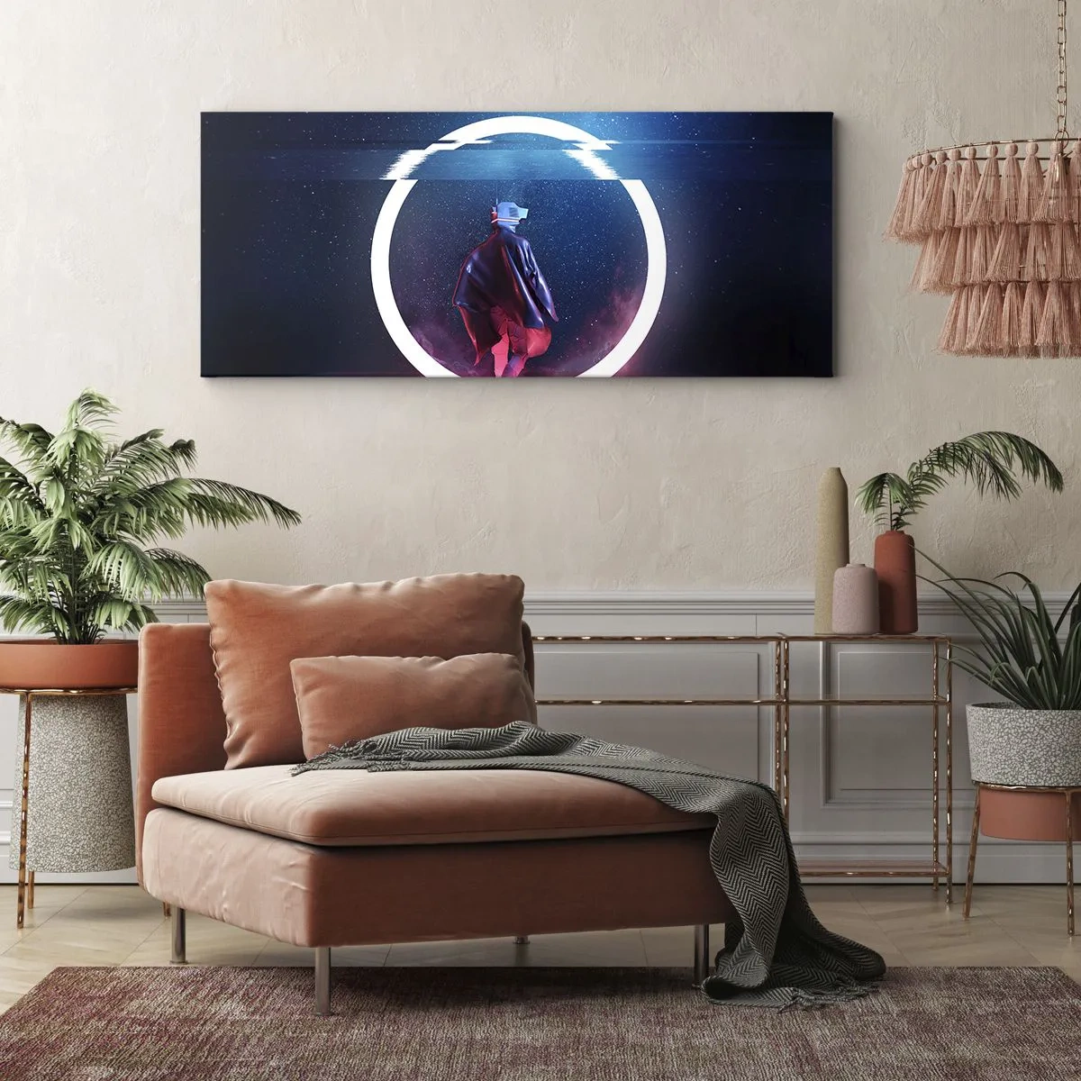 Impression sur toile - Image sur toile - Un personnage dans un environnement futuriste avec un cercle de néon - 140x50cm - Entre deux mondes - Décoration murale moderne pour le salon et la chambre ARTTOR